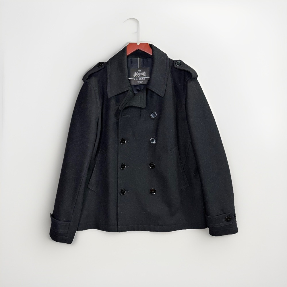 Express Men'sβ Black Peacoat Jacket XL/TG Double Breasted Wool Blend Outwear Y2K